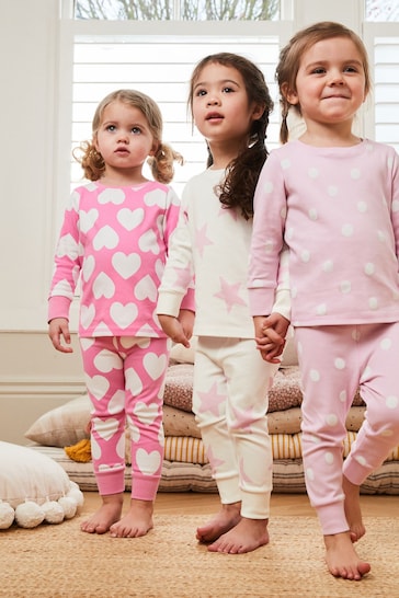 Pink/White Heart, Spot And Star Pyjamas 3 Pack (9mths-12yrs)
