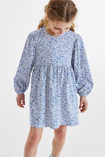 Blue/White Daisy Flower Print Long Sleeve Jersey Dress (3-16yrs)