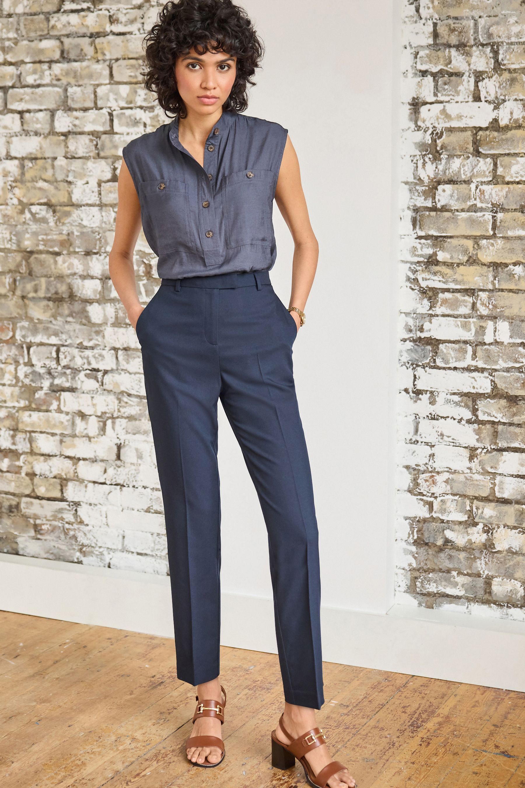 Navy slim best sale trousers
