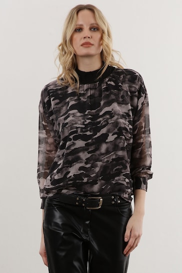 Religion Black High Neck Sheer Solid Long Sleeve Top In Beautiful Prints
