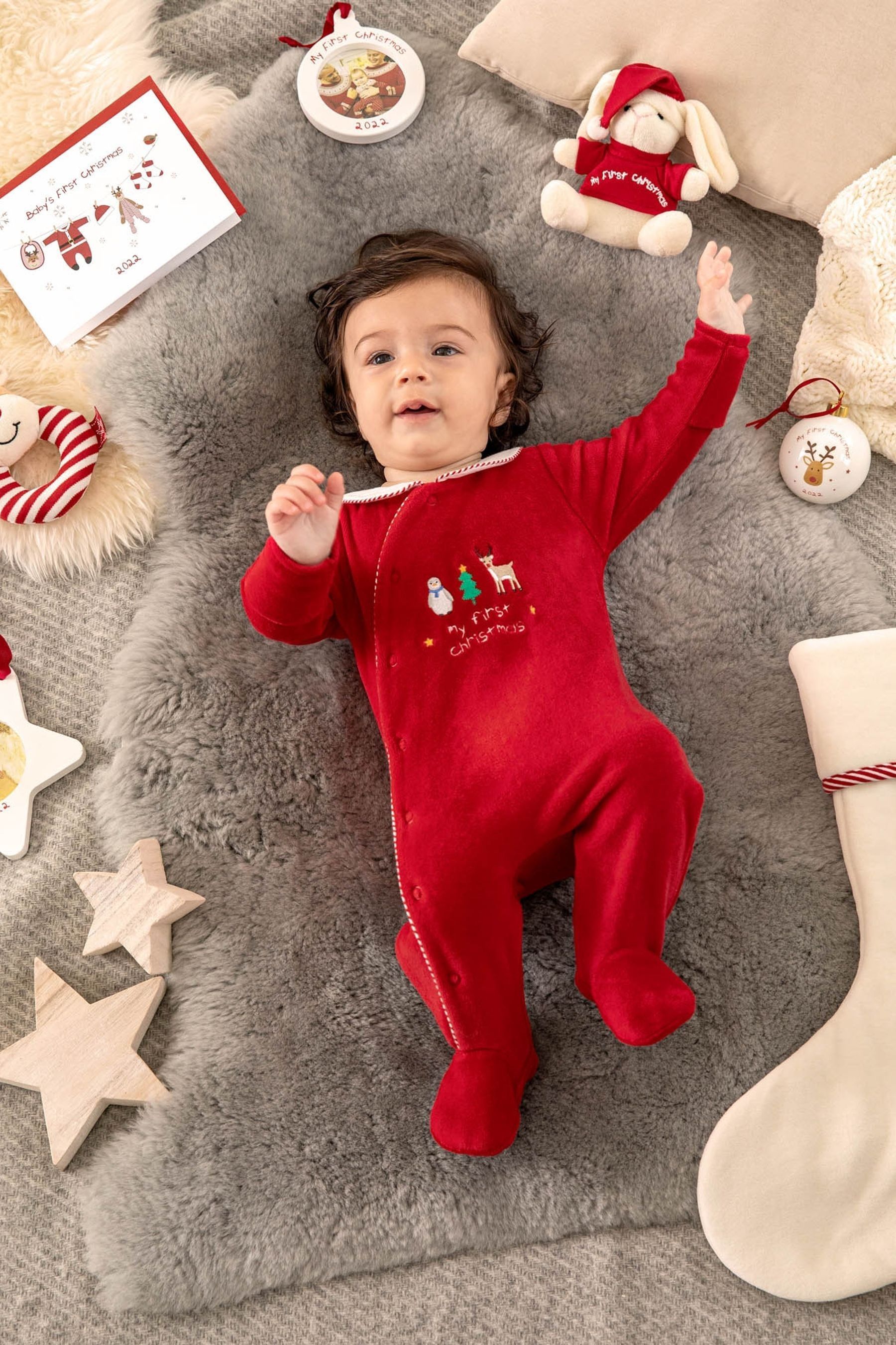 JoJo Maman B b Red My First Christmas Baby Sleepsuit