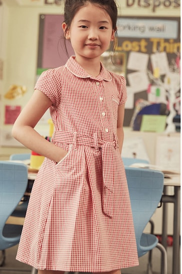 Red Cotton Rich Belted Gingham School Dress With Scrunchie (3-14yrs)