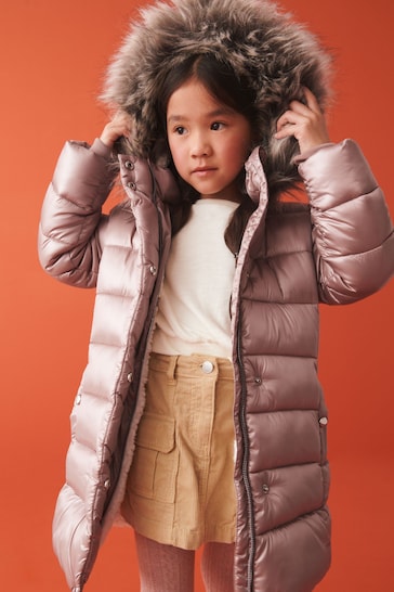 Toffee Pink Shower Resistant Faux Fur Trim Padded Coat (3-16yrs)