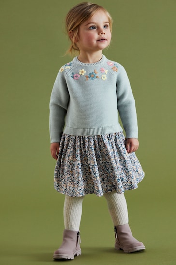 Blue Floral Jumper Dress With Printed Skirt (3mths-7yrs)