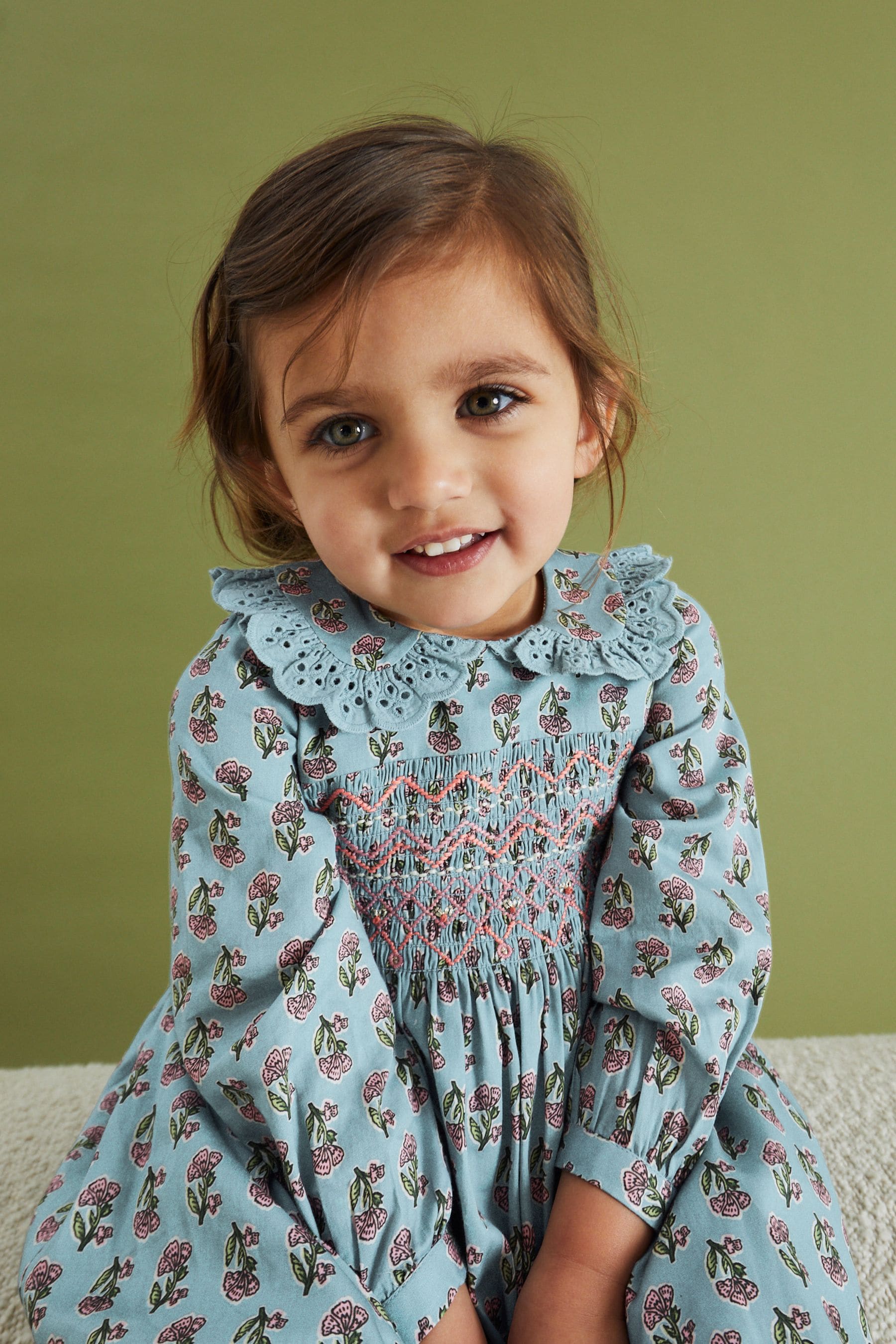 Buy Teal Blue Printed Shirred Collar Dress (3mths-8yrs) from Next USA image.