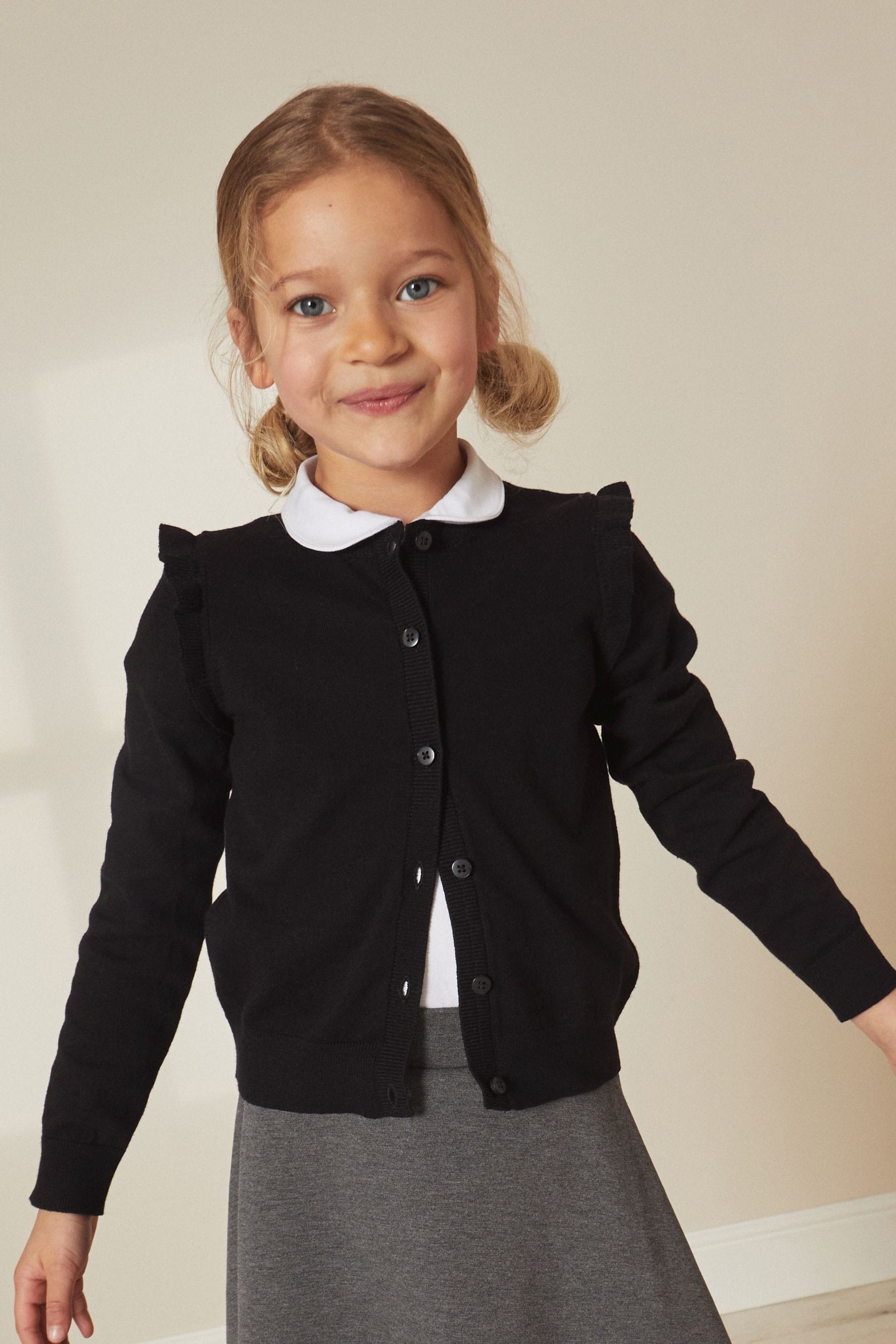 Buy Black Cotton Rich Frill Shoulder School Cardigan (3-16yrs) from the ...