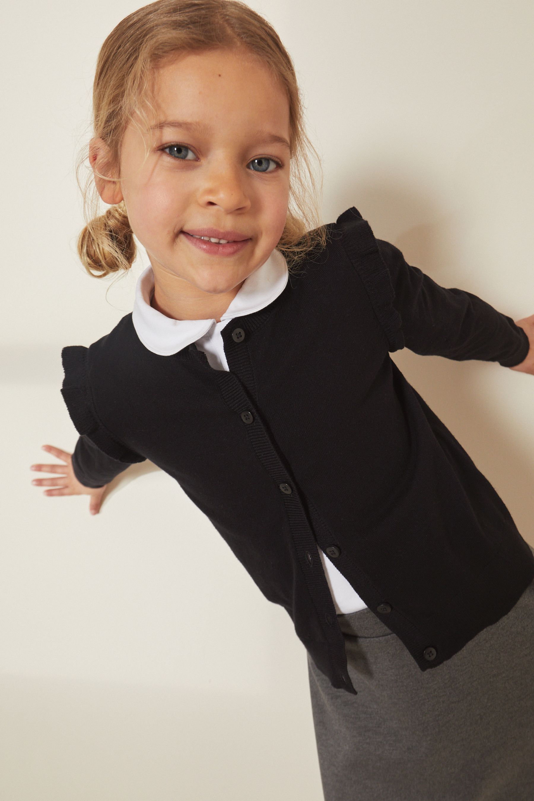 Buy Black Cotton Rich Frill Shoulder School Cardigan (3-16yrs) from the ...