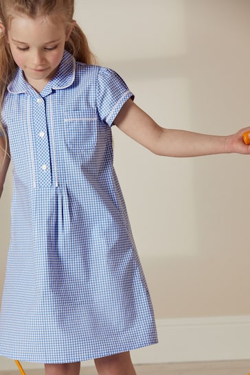 Mid Blue Cotton Rich Button Front Lace Gingham School Dress (3-14yrs)