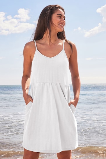 White Cotton Seersucker Short V-Neck Cami Summer Dress