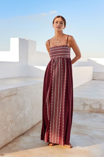 Wine Embroidered Maxi Summer Dress With Linen