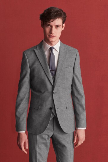 Grey Slim Wool Blend Check Suit Jacket