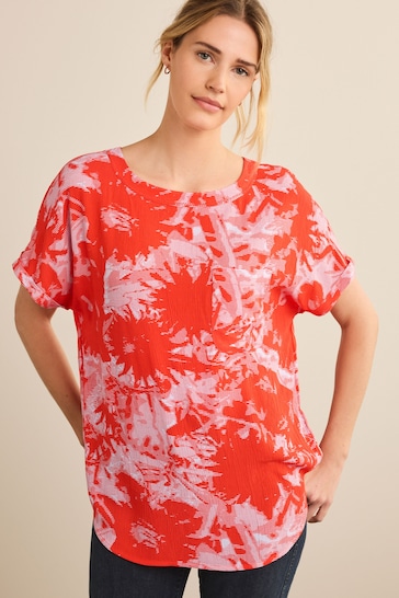 Red/Pink Floral Short Sleeve Curved Hem T-Shirt