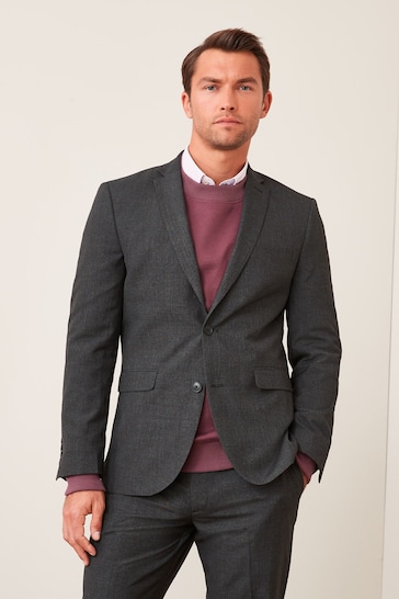 Charcoal Grey Tailored Wool Mix Textured Suit Jacket
