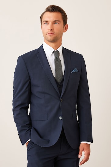 Navy Blue Tailored Wool Mix Textured Suit Jacket