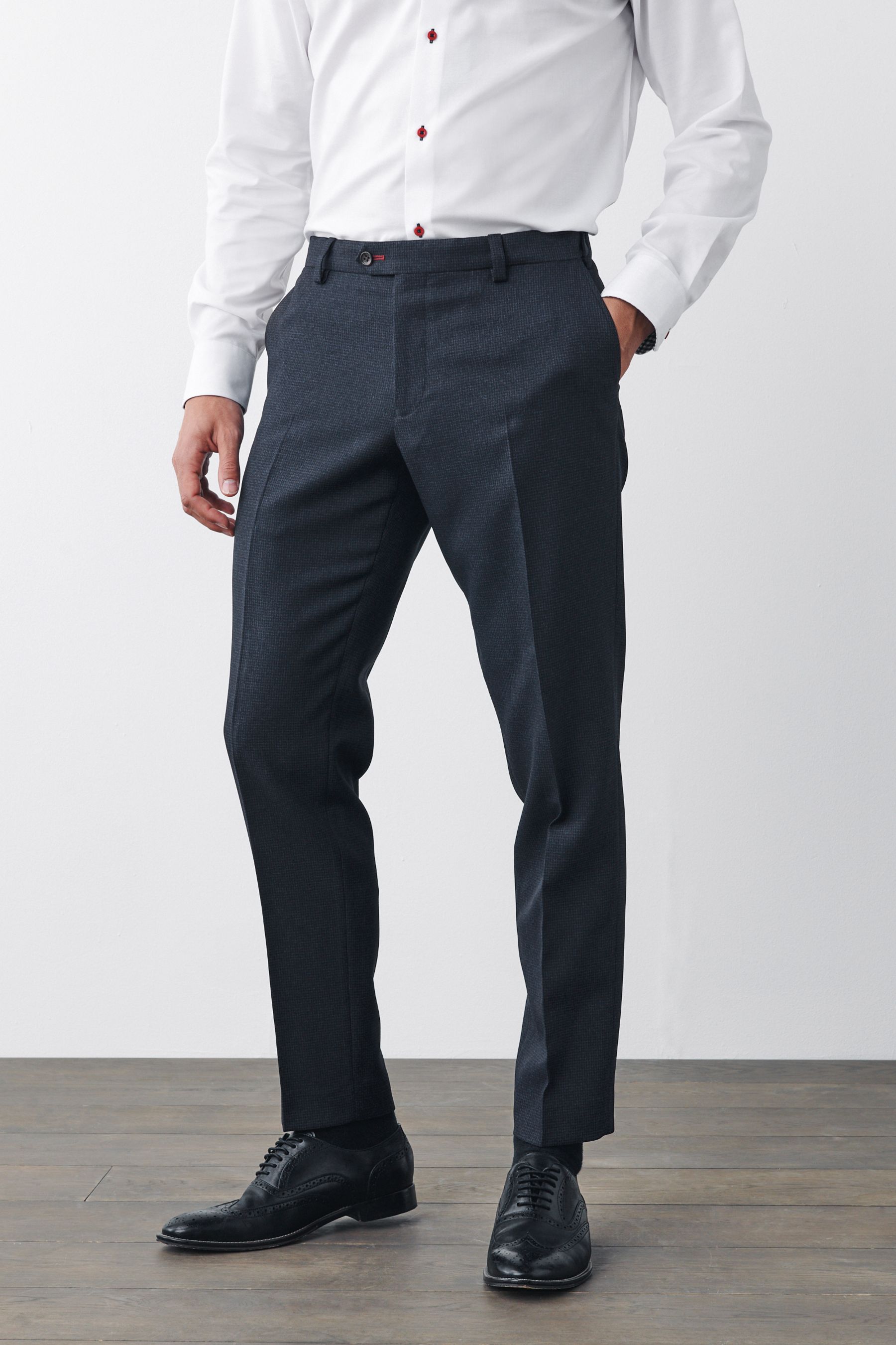 Buy Navy Blue Slim Slim fit Puppytooth Fabric Suit Trousers from