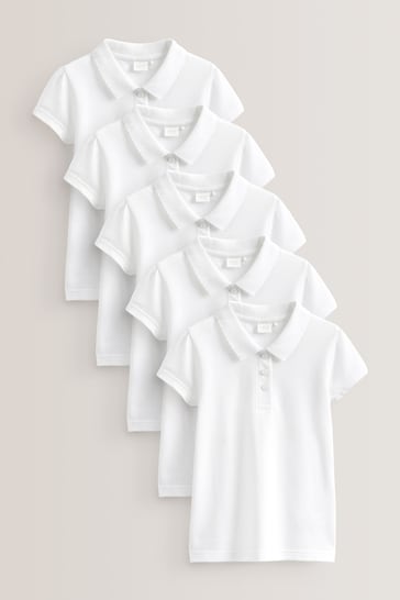 White Regular Fit 5 Pack Cotton Short Sleeve Polo Shirts (3-16yrs)