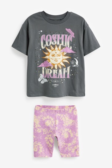 Charcoal Grey/Purple Celestial Oversized T-Shirt and Cycling Short Set (3-16yrs)