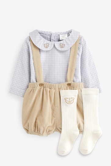 Neutral Baby Smart Dungarees And Woven Collar Bodysuit 3 Piece Set (0mths-2yrs)