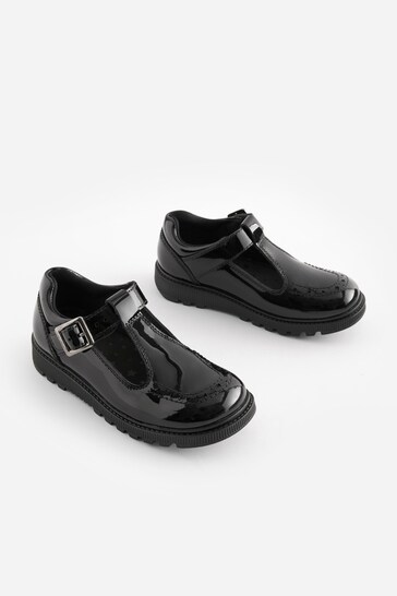 Black Patent School Leather Chunky T-Bar Shoes