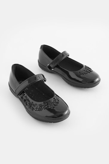 Black Patent Standard Fit (F) School Flower Mary Jane Shoes