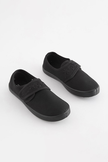 Buy Black Standard Fit (F) Embroidered Strap School Plimsolls from the ...