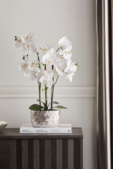 White Artificial Real Touch Orchid In Hex Embossed Pot