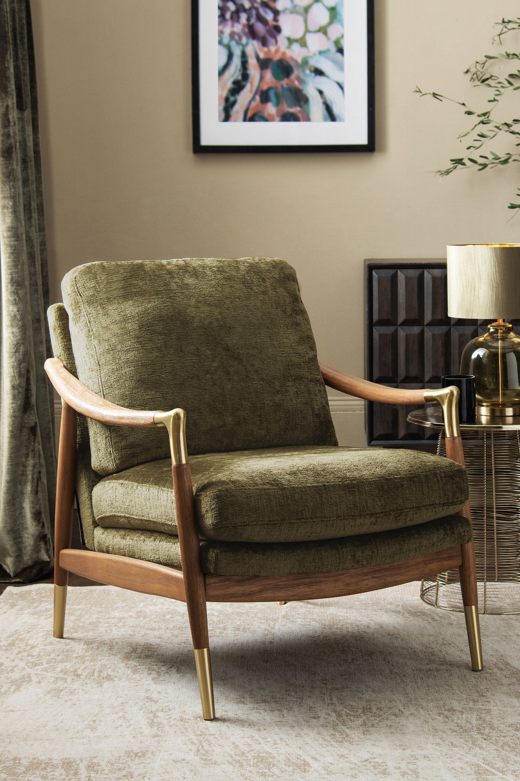 Plush Chenille Moss Green Bronx Effect Frame Flinton Wooden Accent Chair