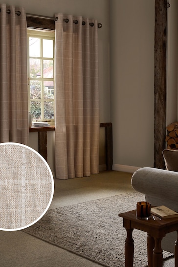 Natural Windowpane Check Lined Eyelet Curtains