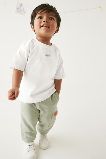 White and Green Short Sleeve T-Shirt and Cargo Jogger Set (3mths-7yrs)