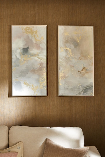 Set of 2 Grey/Gold Abstract Framed Canvas Wall Art