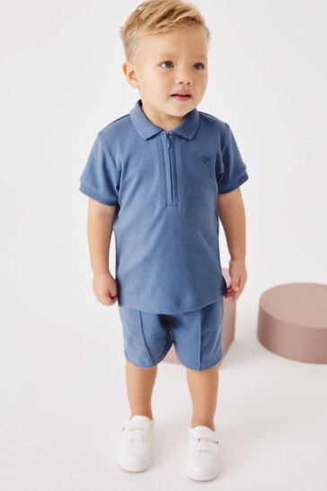 Blue Short Sleeve Jersey Zip Neck Polo Shirt And Shorts Set (3mths-7yrs)