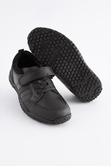 Black Narrow Fit (E) School Leather Elastic Lace Shoes