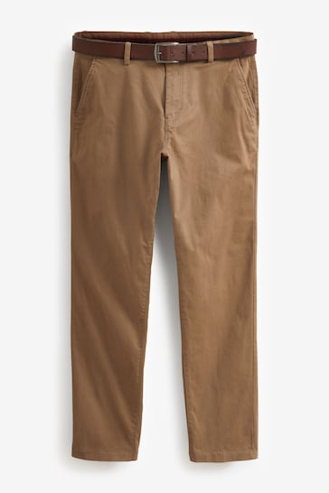 Tan Straight Fit Belted Soft Touch Chino Trousers