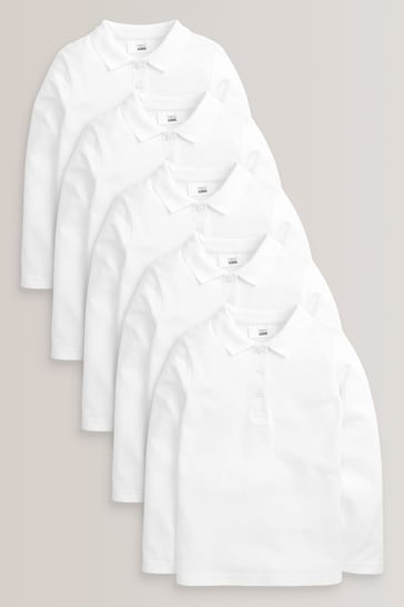 White Regular Fit 5 Pack Cotton Long Sleeve School Polo Shirts (3-16yrs)
