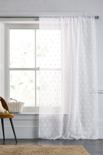 White Pom Pom Voile Slot Top Unlined Curtain
