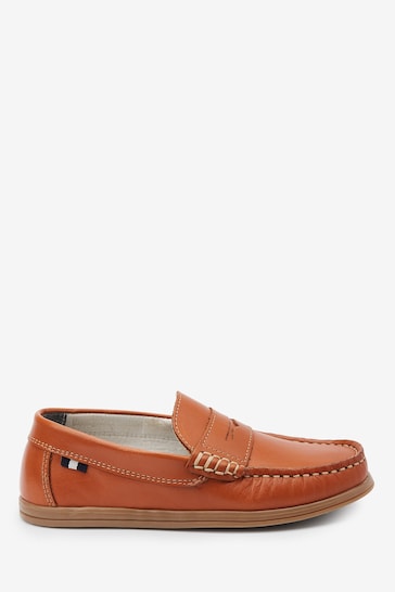 Tan Brown Leather Slip-On Penny Loafers