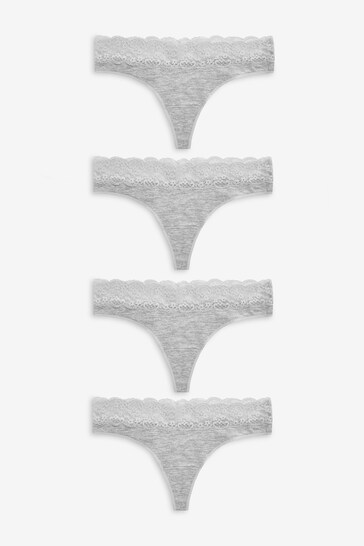 Grey Marl Thong Lace Trim Cotton Blend Knickers 4 Pack