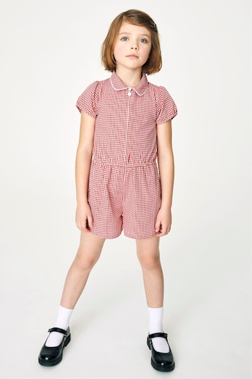 Red Cotton Rich Gingham School Playsuit (3-14yrs)
