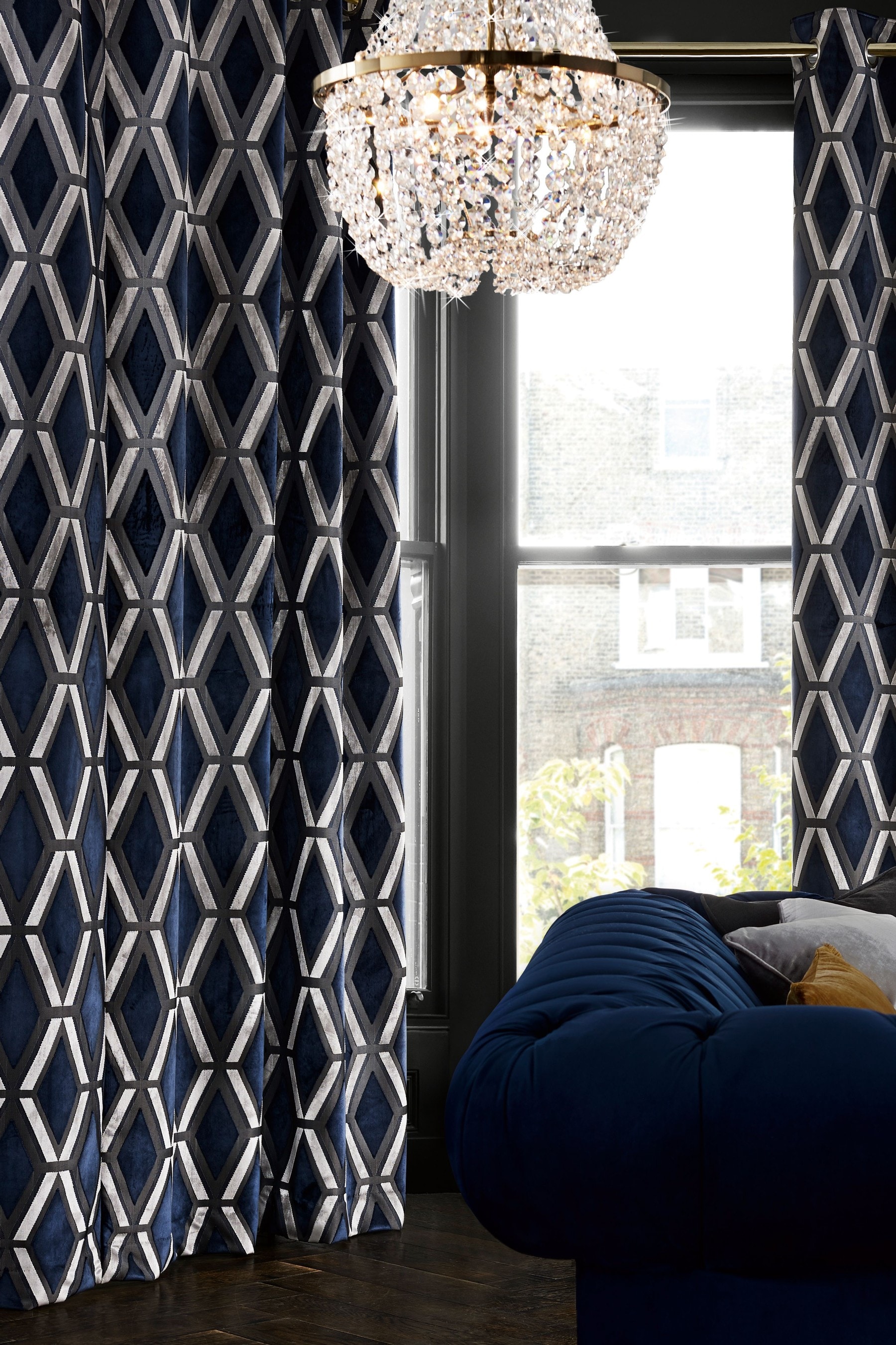 Buy Navy Geo Cut Velvet Collection Luxe Eyelet Curtains from the Next