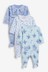 Blue Frill 3 Pack Embroidered Detail Baby Sleepsuits (0-3yrs)
