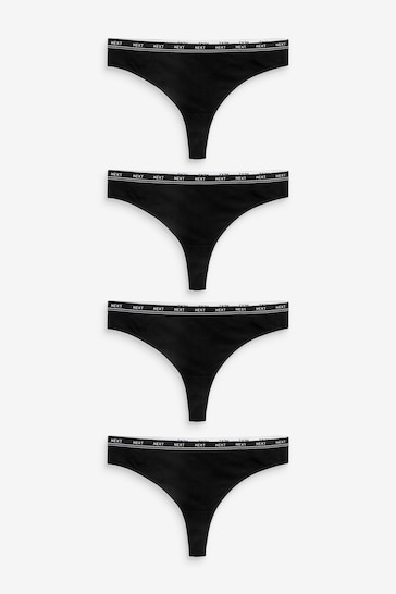 Black Thong Cotton Rich Logo Knickers 4 Pack