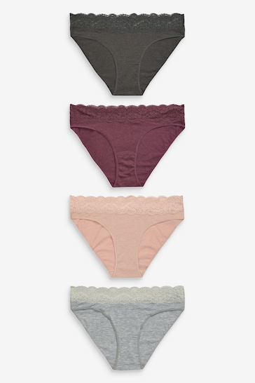 Grey Marl/Pink/Plum High Leg Cotton and Lace Knickers 4 Pack