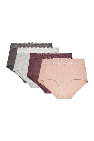 Grey Marl/Pink/Plum Full Brief Cotton and Lace Knickers 4 Pack