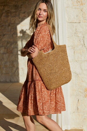 Tan Paper Straw Crossbody Purse