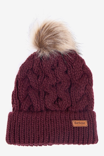 Barbour® Red Penshaw Cable Knit Faux Fur Pom Bobble hat