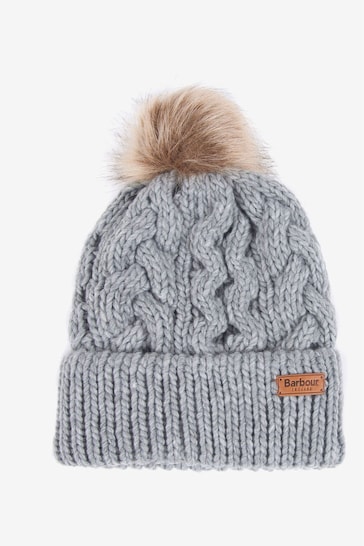 Barbour® Grey Penshaw Cable Knit Faux Fur Pom Bobble hat