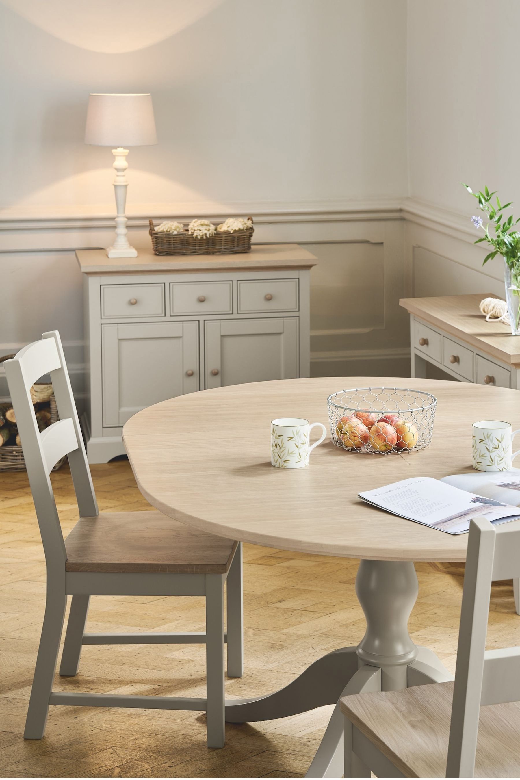 Laura Ashley Pale French Grey Oakham Round Extending Dining Table