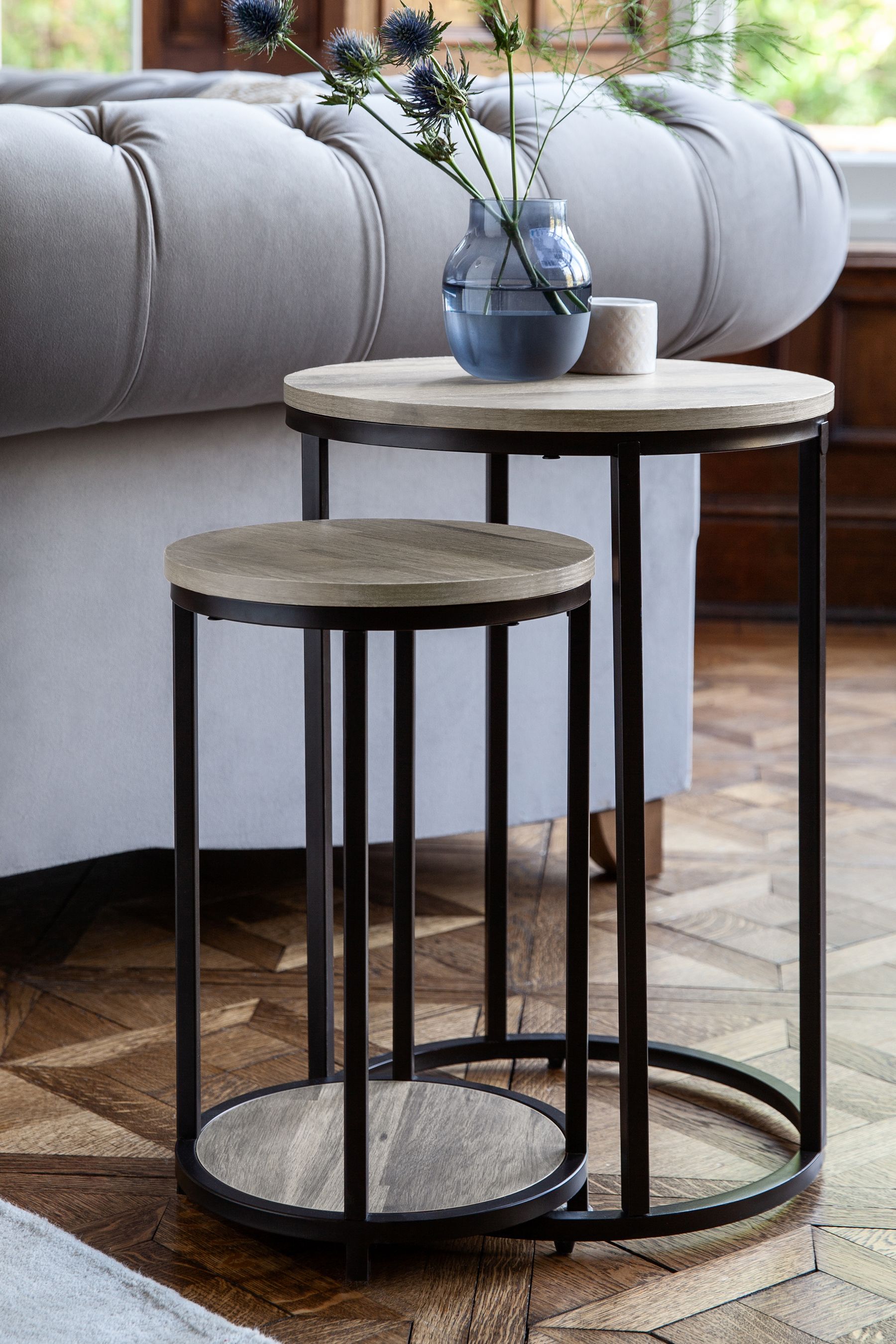 Grey Bronx Oak Effect Round Set of 2 Nest of Tables