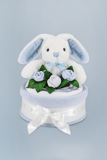 Babyblooms Blue Blanket Cake with Personalised Baby Bunny Soft Toy Gift