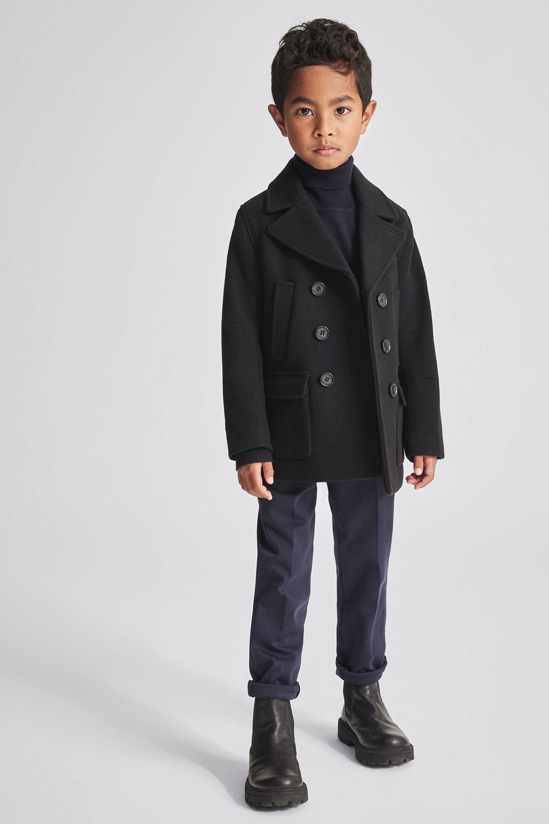 Reiss Black Cork Junior Double Breasted Wool Peacoat